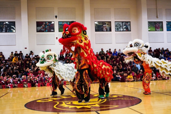 Professional lion dancers performing in the Maryknoll Community Center on the Lunar New Year day