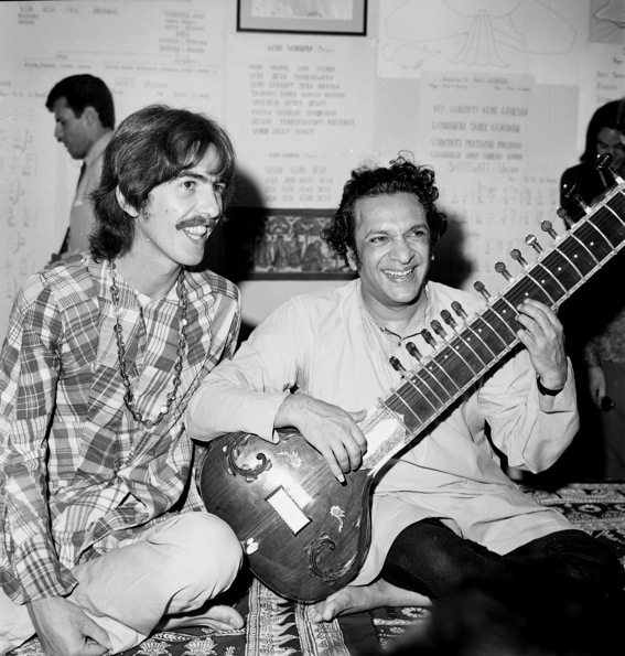 Shankar&apos;s friendship with Beatle George Harrison (L) vaulted him to a new level of international celebrity in the mid-1960s. Harrison became Shankar&apos;s pupil and the two remained close until Harrison&apos;s death in 2001. (Michael Ochs Archives/Getty Images)