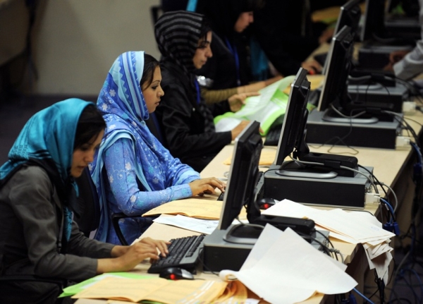 Votes are then counted at computer terminals at the IEC headquarters in Kabul. Counting is expected to continue until September 2, with the final result arriving on September 17. (Shah Marai/AFP/Getty Images)