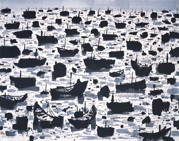 "A Fishing Harbour (III)," 1997, Ink and color on rice paper, H. 55.1 x H. 70.9 in (140 x 180 cm), Shanghai Art Museum