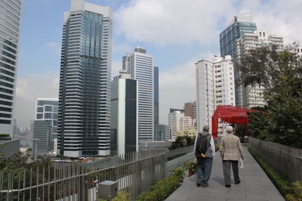 The Center's walkways provide visitors with sweeping views of the high rise buildings in Hong Kong's Admiralty and Central districts. (Credit: Asia Society)