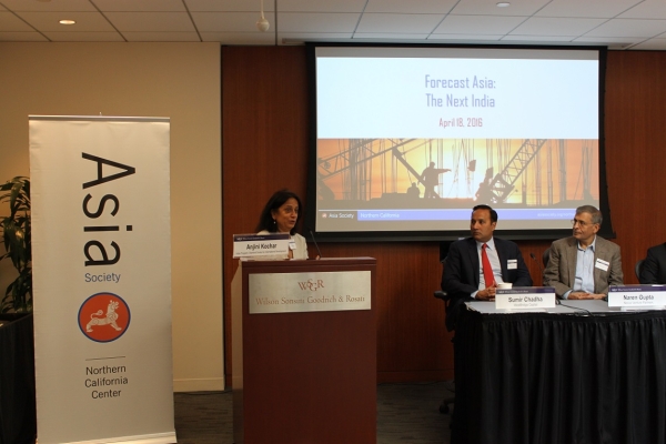 Dr. Anjini Kochar (left), Director of the India Program at the Stanford Center for International Development (SCID), opens the panel discussion with some brief questions. (Asia Society) 