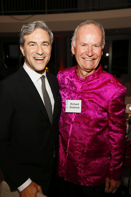 From left, 2016 Arts Visionary Award Winner Michael Govan and 2016 Education Visionary Award Winner Richard Drobnick pose during the Asia Society Southern California 2016 Annual Gala at the Skirball Cultural Center on May 22, 2016, in Los Angeles, California. (Photo by Ryan Miller/Capture Imaging)
