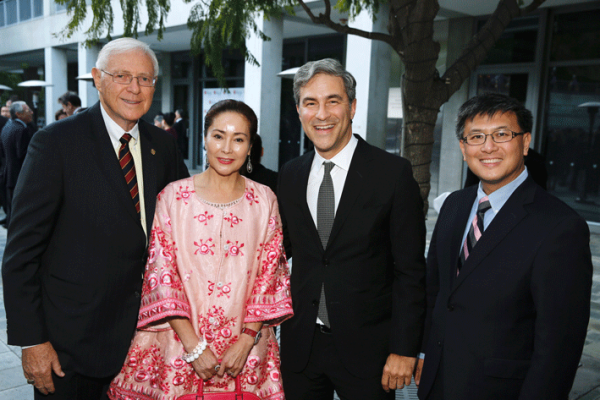 From left, Supervisor Michael D. Antonovich, Christine Hu, 2016 Arts Visionary Award Winner Michael Govan and California State Treasurer John Chiang pose during the Asia Society Southern California 2016 Annual Gala at the Skirball Cultural Center on May 22, 2016, in Los Angeles, California. (Photo by Ryan Miller/Capture Imaging)
