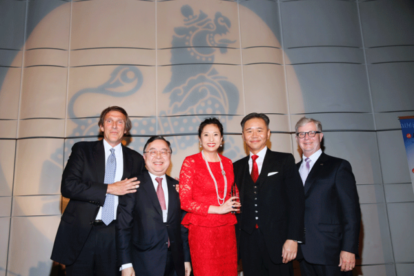 From left, Brian Treiger, Ronnie Chan, Asia Society Global Co-Chair, the 2016 Philanthropic Visionaries Shirley Wang and Walter Wang and Thomas E. McLain, Chairman, Asia Society Southern California pose during the Asia Society Southern California 2016 Annual Gala at the Skirball Cultural Center on May 22, 2016, in Los Angeles, California. (Photo by Ryan Miller/Capture Imaging)
