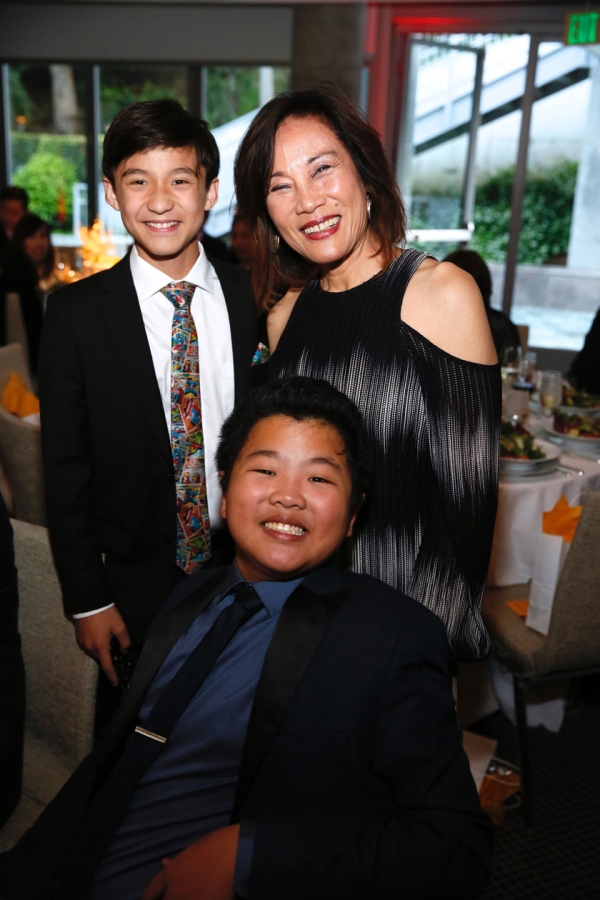 From left, actors Forrest Wheeler, Hudson Yang and Janet Yang pose during the Asia Society Southern California 2017 Annual Gala at the Skirball Cultural Center on May 7, 2017, in Los Angeles, California. (Photo by Ryan Miller/Capture Imaging)