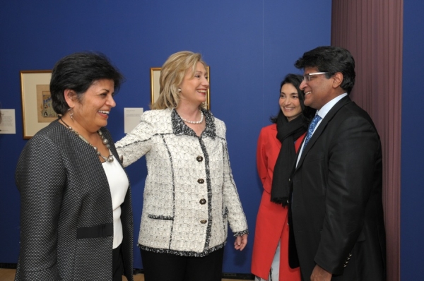 L to R: Vishakha Desai, Secretary Clinton, Tania Ahuja and Anilesh Ahuja, Co-Founder, CEO &amp; CIO, Premium Point Investments, LLC. (Elsa Ruiz/Asia Society)