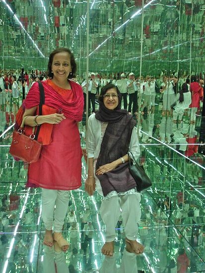 Asia Society India Centre Executive Director, Bunty Chand and Meera Devidayal inside Sharjah Biennial project by Thilo Frank. (Susan Hapgood)