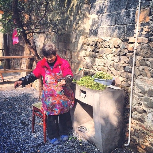 Chen Xueping, mother of Ou Ning, washing spinach in the back yard. (Sun Yunfan)