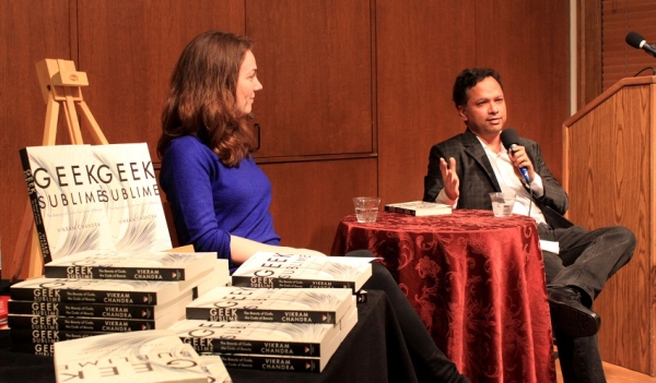 Vikram Chandra speaking about his new book, "Geek Sublime: The Beauty of Code, the Code of Beauty" in January. Joining Chandra was Diana Kimball, blogger and former computer programmer for SoundCloud. (Asia Society)