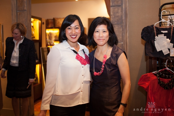 Asia Society Northern California volunteers and brand reps Christine Pan and Barbara Koh modeling samples from Peony Rice and Abandon 