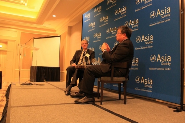 Chris Cooper of Deloitte and Timothy Wong of DBS in a discussion about economic prospects in China, India, and Indonesia at an event at the Four Seasons in October. (Asia Society)