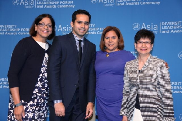 (Left to right) Subha V. Barry of Working Mother Media, Mohammed Farshori of AT&T, Anilu Vazquez-Ubarri of Goldman Sachs, and Belinda C. Tang of IBM after a discussion on initiatives advancing APA talent. (Ellen Wallop/Asia Society) 