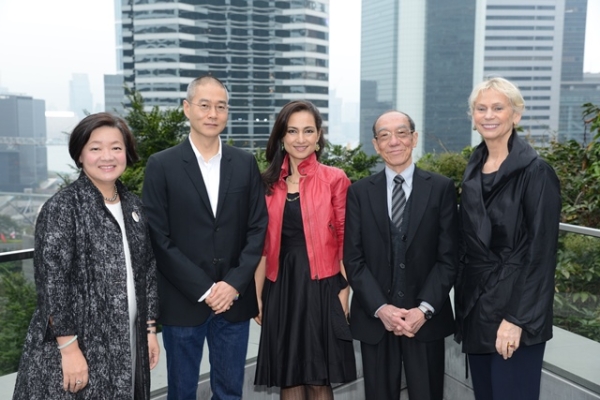 (From left to right) S. Alice Mong, Do Ho Suh, Shahzia Sikander, Wucius Wong, and Peggy Loar on Asia Society Hong Kong’s roof garden.