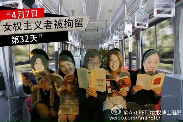 Masked activists pose on a bus.