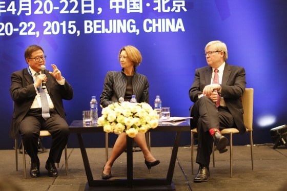 Asia Society Pacific Cities Sustainability Forum was held in Beijing this past April and featured leading sustainability experts from across Asia. Pictured here is Henry Cheng of Chongbang, Lynn Thurber of ULI, and The Honorable Kevin Rudd. (Asia Society)