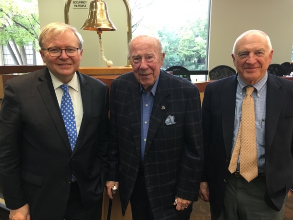 The Honorable Kevin Rudd, The Honorable George Shultz, and ASNC Co-Chairman Jack Wadsworth pose for a photo after a luncheon at the Hoover Institution on Stanford University's campus. (Asia Society)
