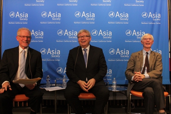 N. Bruce Pickering, Kevin Rudd, and Orville Schell share a light hearted moment (Asia Society)