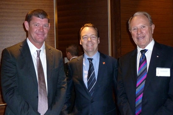 L to R: James Packer, Crown Ltd, Andrew Low Deputy Chairman, Asia Society Australia and The Hon Bruce Baird, Transport and Tourism Forum, in Sydney on March 14, 2013. (Asia Society Australia)