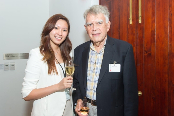 Jim Convery (R) and Victoria Wong at the drink reception before the screening of Tradition Well Served on May 5, 2014. (Asia Society Hong Kong Center)