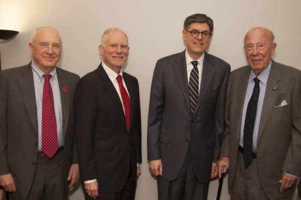 U.S. Secretary of the Treasury, Jack Lew, delivered an exclusive address at ASNC in March. Pictured here with ASNC Co-Chair Jack Wadsworth, ASNC Executive Director, N. Bruce Pickering, and former Secretary of the Treasury, Labor, and State, George Shultz. (Asia Society)