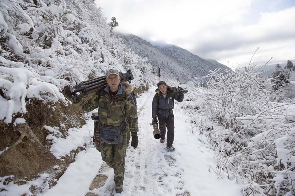 Filmmakers trek up a mountain to film the snub-nosed monkey. (Liu Wei)