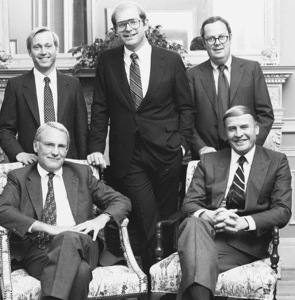 NEA alums: Clockwise from bottom left: Neil Bond, John Armour, Woody Rea, John Glenn, Dick Kramlich (ca. 1990)