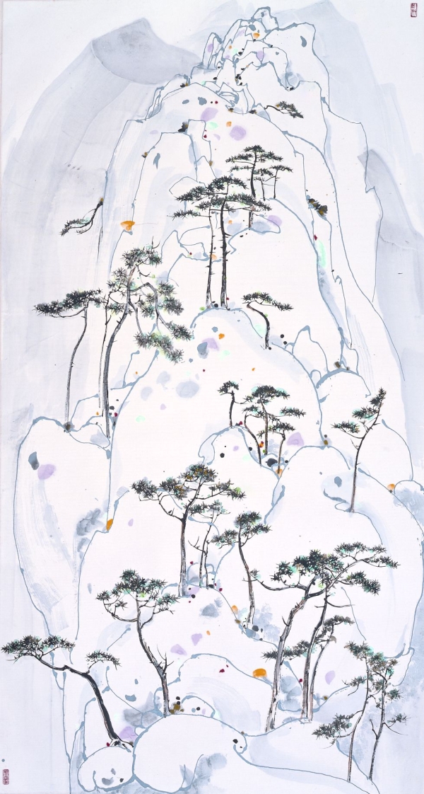 "Pines and Rocks of the Lao Mountains," 1987, Ink and color on rice paper, H. 70.9 in x W. 37.4 in (180 x 95 cm), Shanghai Art Museum
