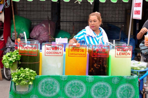 Fruit juices and drinks such as coconut, longan, lemon, chrysanthemum, and pennywort from Thailand. (Ryan Fernandez)
