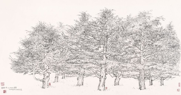 "Snow Covered Pines of Qingdao," 1976, Carbonic ink and pen on paper, H. 27.6 in x W. 55.1 in (70 x 140 cm), Shanghai Art Museum