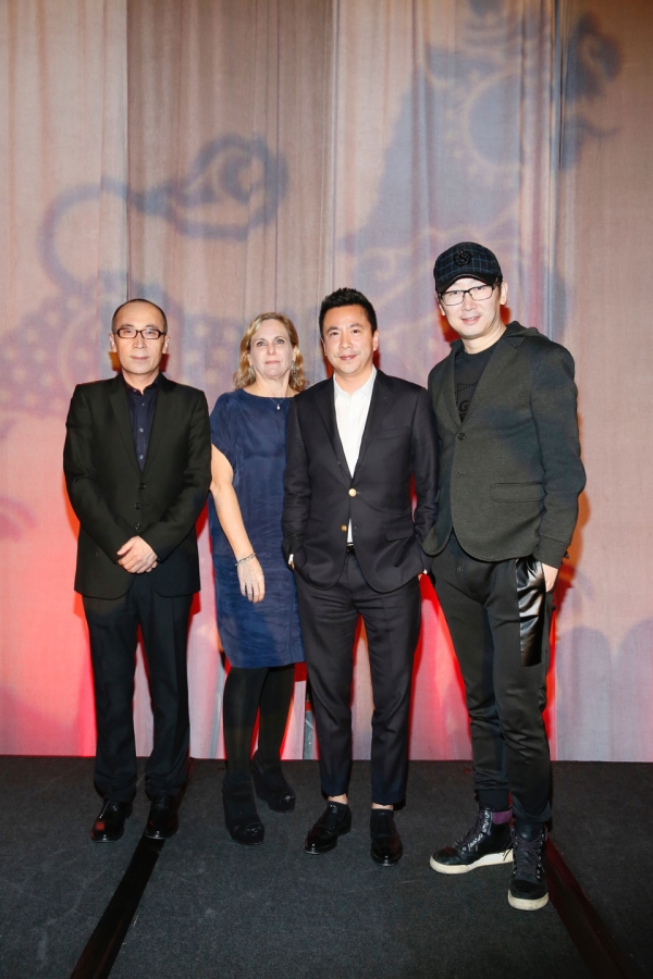 From left, honorees LU Chuan, Writer, Director and Producer, CAO Baoping, Writer, Director and Producer, Melissa Cobb, Head of Studio and Chief Creative Officer Oriental DreamWorks and James Wang, Co-Founder, Vice Chairman and CEO Huayi Brothers Media Corporation pose during the 2016 U.S.-China Film Gala Dinner held at the Millennium Biltmore Hotel on Wednesday, November 2, 2016, in Los Angeles, California.