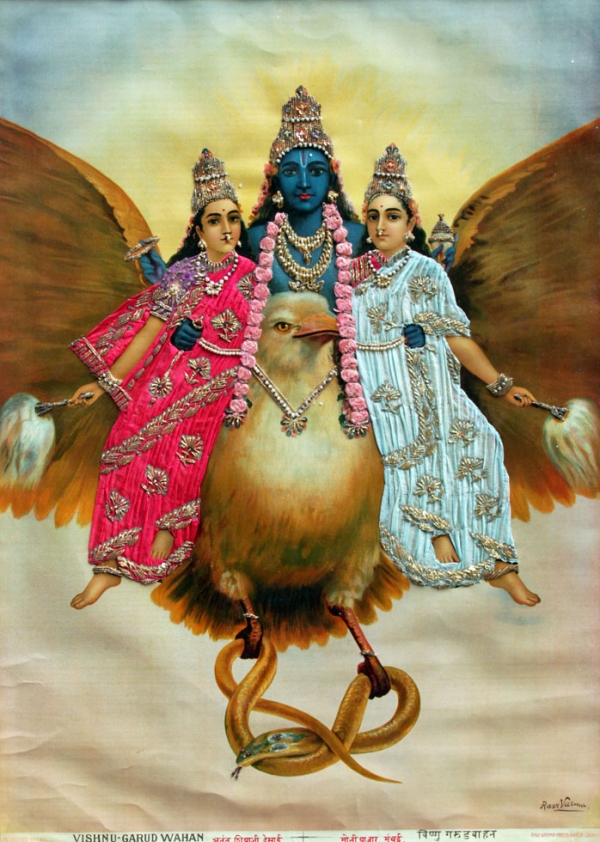 Vishnu-Garud Wahan; Paper, ink, fabric, metallic thread; Ravi Varma Press, Karla- Lonavla; Courtesy of the Ramchander Nath Foundation, New Delhi.