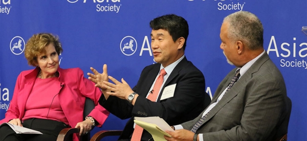 Ju-Ho Lee, Education Commissioner and former Minister of Education, Republic of Korea, speaks during the panel, "Implications for the Education Sector." To his left, Alice Albright. To his right, Tony Jackson. (Ellen Wallop/Asia Society)