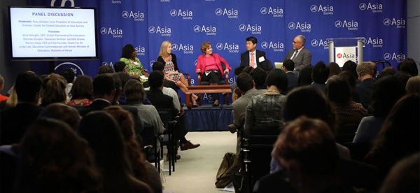 Panelists at the event, "What Global Education Can Learn from Public Health." From left: Dolores Dickson, Regional Executive Director, Camfed West Africa; Wendy Kopp, CEO and Co-Founder, Teach For All; Alice Albright, CEO, Global Partnership for Education; Ju-Ho Lee, Education Commissioner and former Minister of Education, Republic of Korea; and Tony Jackson, Vice President, Education, and Director, Center for Global Education at Asia Society (moderator). (Ellen Wallop/Asia Society)