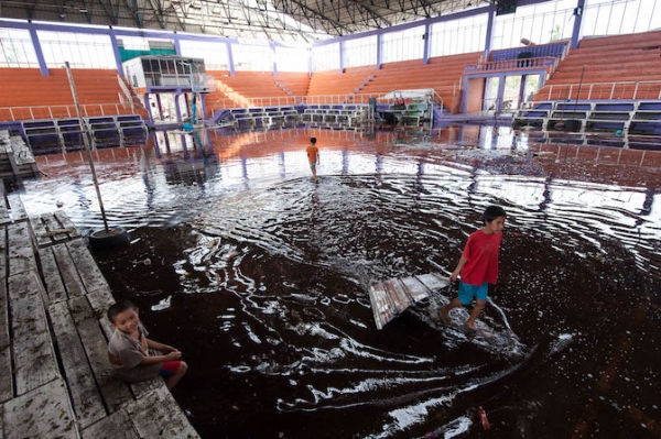 Sports complex in Medellin, Bogo flooded by Typhoon Yolanda.