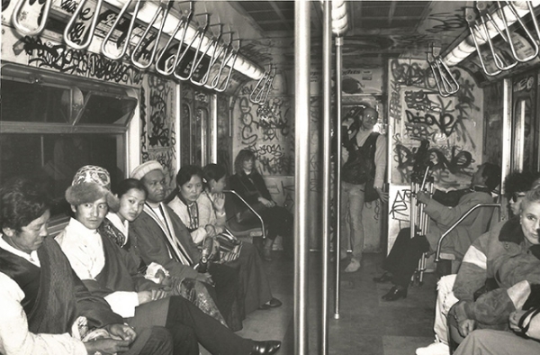 Tibetan dance troupe rides New York subway in 1987 (Barry Bryant/Samaya Foundation)