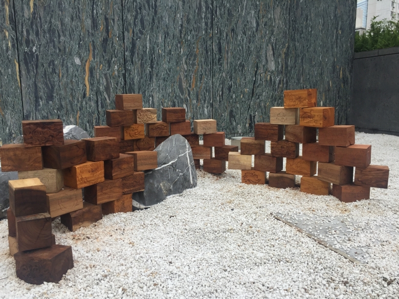 Wooden blocks on the floors as an art installation