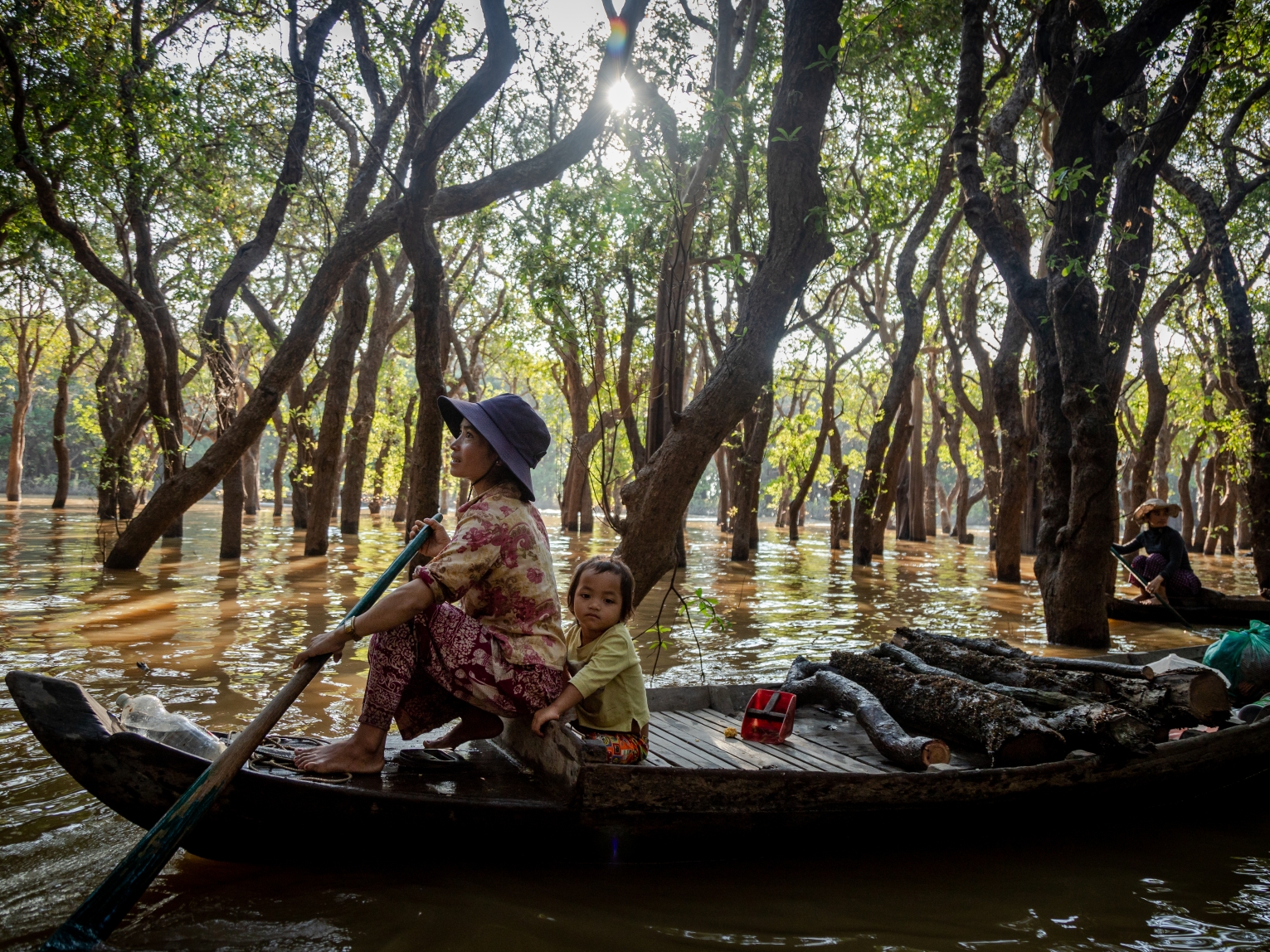 A woman rows her skiff in a flooded forest on the Tonle Sap lake.