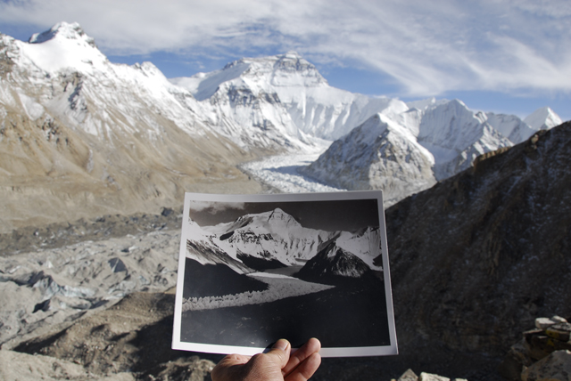 David Breashears, Lining Up a Comparative Shot at the Main Rongbuk Glacier, Mount Everest, 2007. Courtesy of GlacierWorks