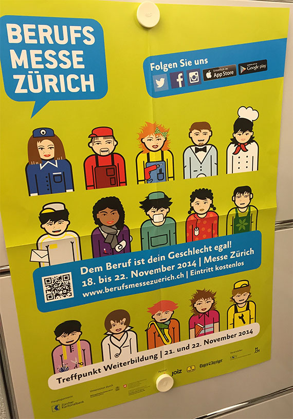 A poster showing different career options hangs in a guidance counseling center in Zurich, Switzerland. / Heather Singmaster
