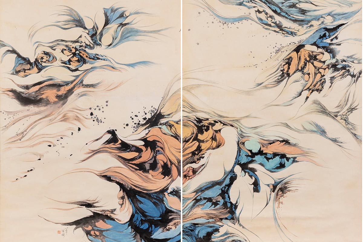 Hung Hsien, 'Floating without End', 1970. Diptych, ink and color on paper.