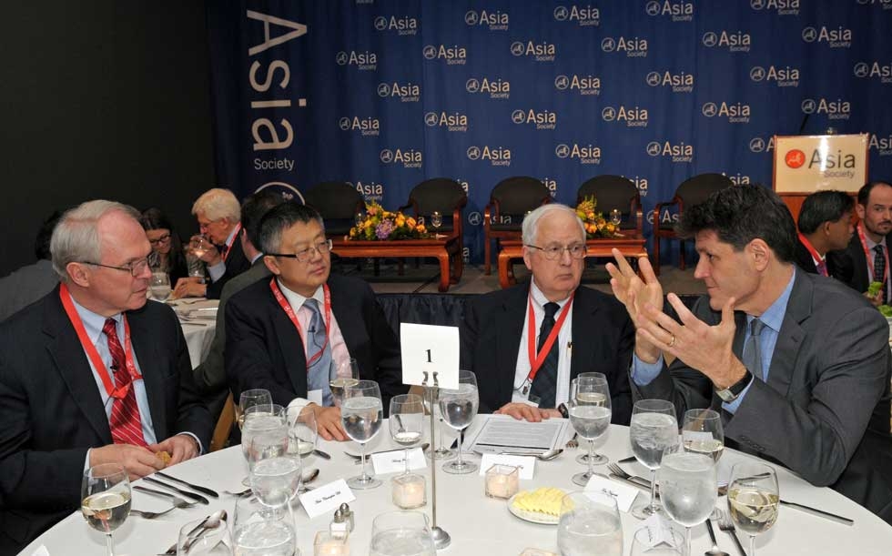 L to R: Christopher Hill, Huang Jing, J. Stapleton Roy, and Asia Society Executive Vice President Tom Nagorski at the conference opening dinner on March 13, 2013. (Elsa Ruiz/Asia Society)