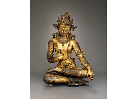 Bodhisattva. Nepal. Early Malla period (1200–1382), 13th century. Gilt copper with inlays of semiprecious stones. H. 18 3/4 in. (47.6 cm). Asia Society, New York: Mr. and Mrs. John D. Rockefeller 3rd Collection, 1979.4944