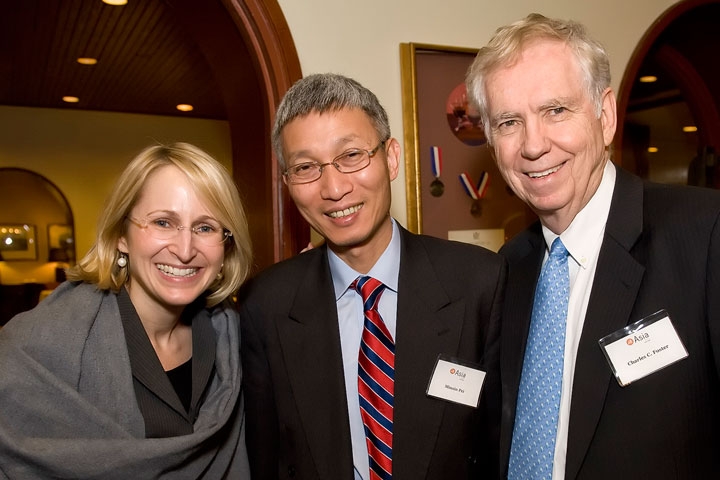 China scholar Minxin Pei is flanked by ASTC Executive Director Martha Blackwelder and Board Chairman Charles Foster at a reception prior to his talk in Houston on Feb. 11, 2010. (Jeff Fantich Photography)
