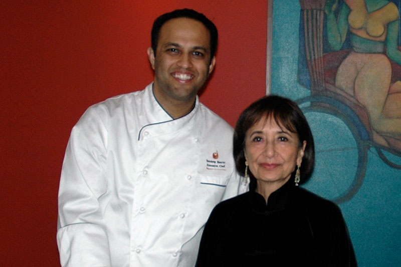 Amber India Executive Chef Sandeep Basrur (L) with Madhur Jaffrey (R) at the Amber India restaurant in San Francisco on October 26, 2010. (Asia Society Northern California)