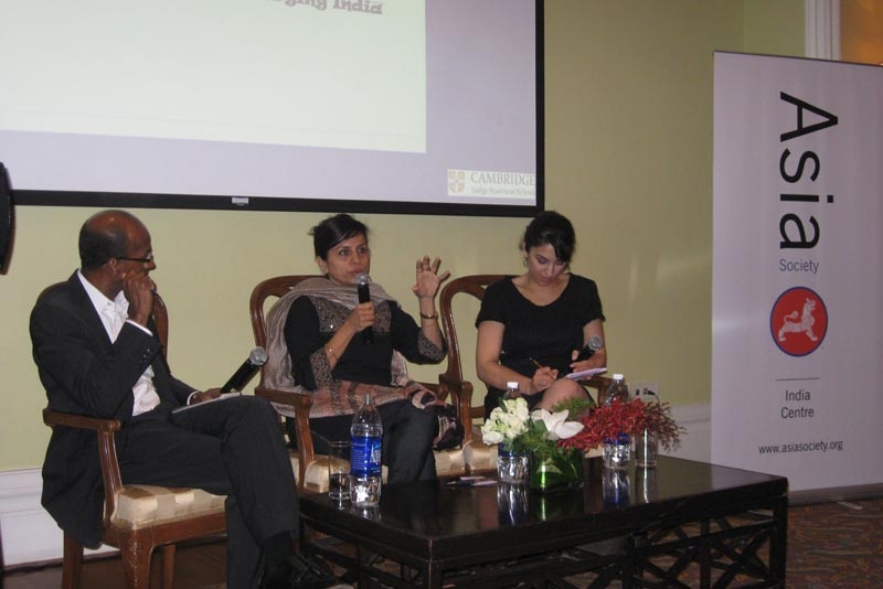 Navi Radjou, Geetu Verma, and Simone Ahuja speak on INDOvations at Asia Society India Centre on November 18, 2010. (Asia Society India Centre)
