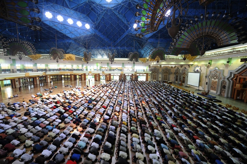 Indonesian Muslims attend Friday prayers on the third day of Ramadan at the Jakarta Islamic Center on August 13, 2010. The mosque complex, which also includes a center for Islamic studies, was built in 2003 in northern Jakarta on the ruins of an infamous red-light neighborhood. (Adek Berry/AFP/Getty Images)