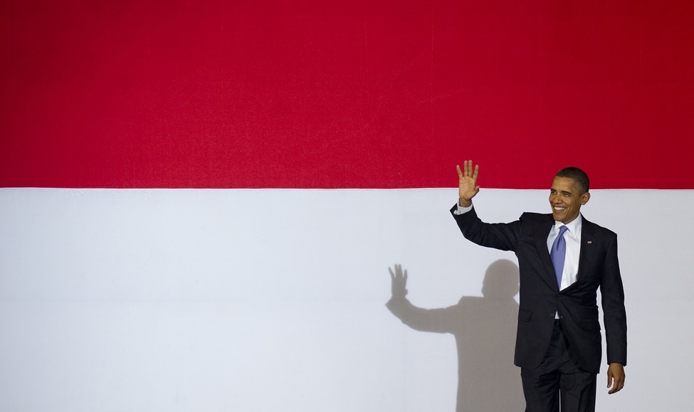 President Obama waves as he arrives to deliver a speech at the University of Indonesia in Jakarta on November 10, 2010. Obama said Muslim-majority Indonesia&apos;s national philosophy of unity bewteen people of different faiths and ethnic backgrounds is an inspiration to the world.(Jim Watson/AFP/Getty Images)