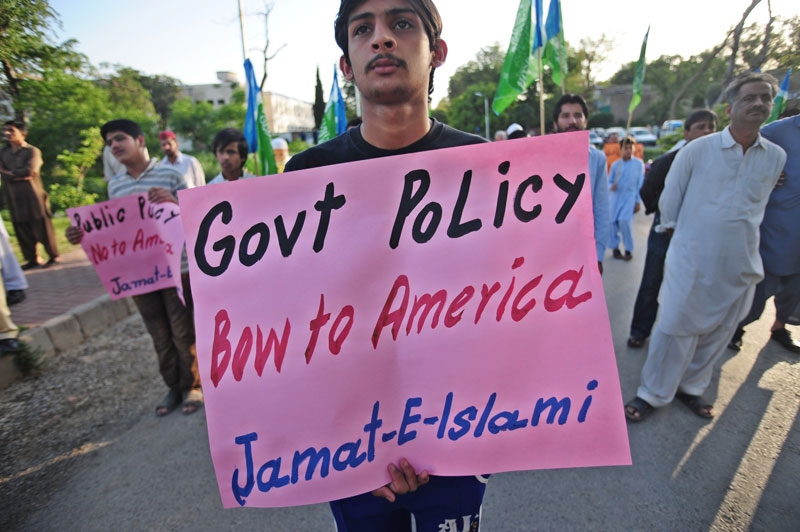 Activists of Jamaat-e-Islami Pakistan hold placards during a rally in Islamabad on May 8, 2011 against the U.S. raid that killed the Al Qaeda chief Osama bin Laden. (Farooq Naeem/AFP/Getty Images)