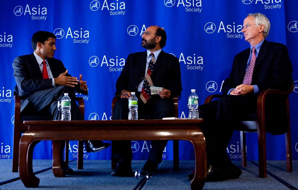 Dr. Rajiv Shah (L) and Ambassador Cameron Munter (R) speak with moderator Hassan Abbas. (Suzanna Finley)
